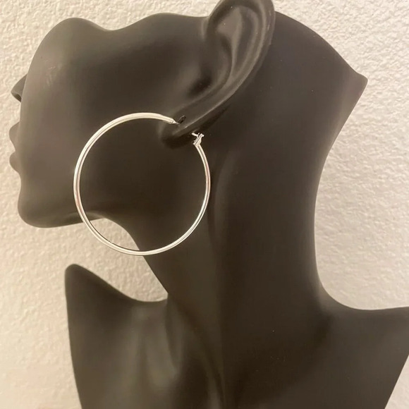 925 Sterling Silver Hoop Earrings Large Thin Hoops Silver Hoops Modern Earrings - Picture 4 of 5